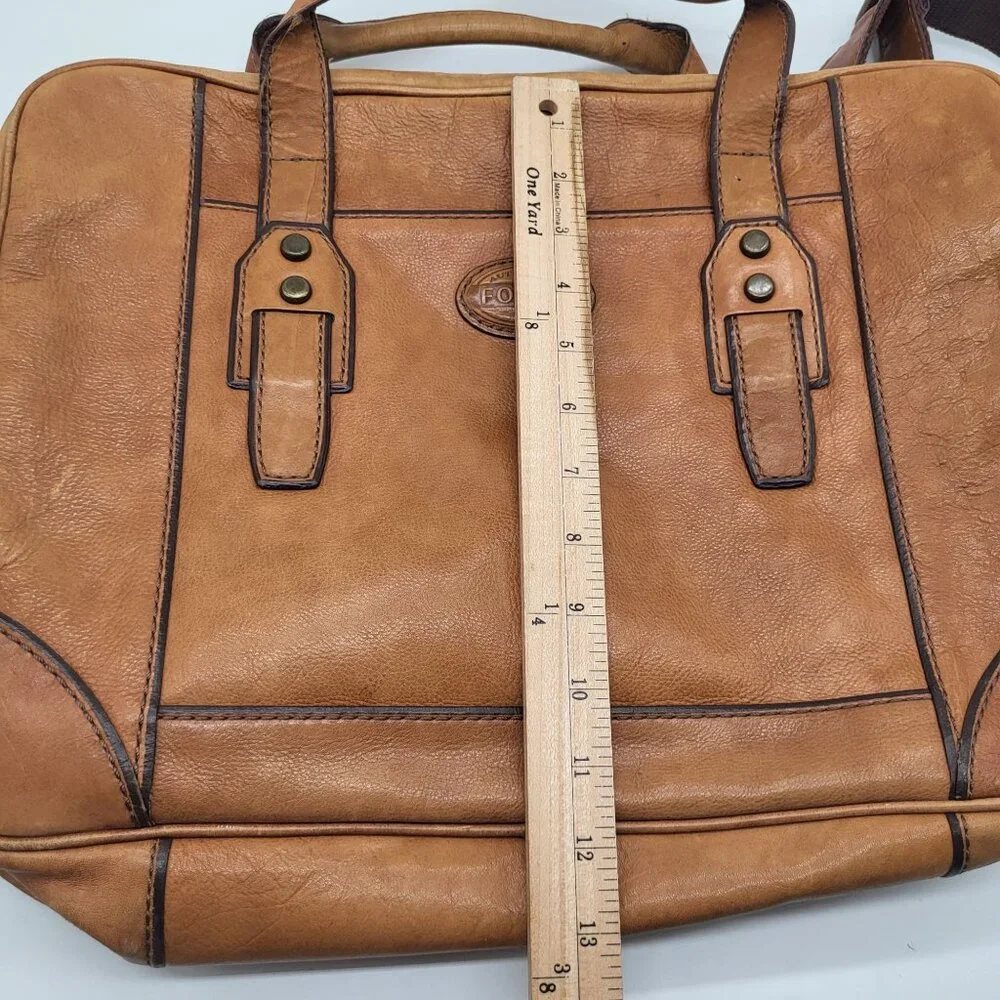 FOSSIL Brown Leather Laptop Bag Satchel Messenger Shoulder Strap y2k acadamia - Picture 3 of 16